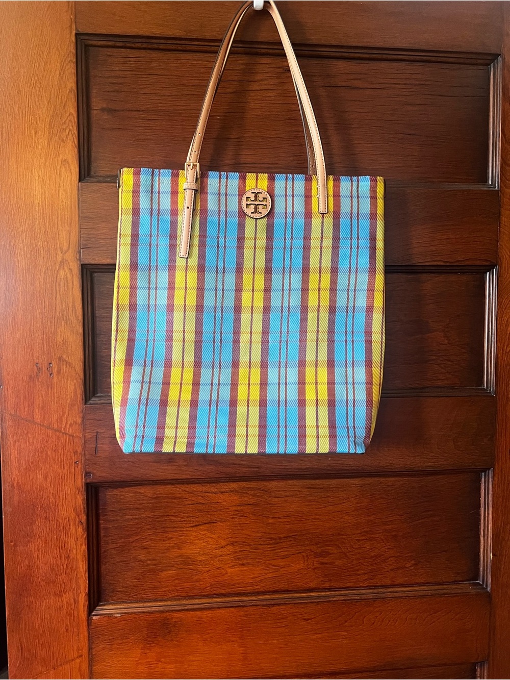 Tory Burch Emerson Yellow & Blue Plaid Canvas Tote with Tan Straps
